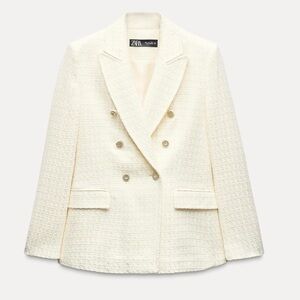 Zara Double Breasted Textured Weave Jacket Ecru Size Small